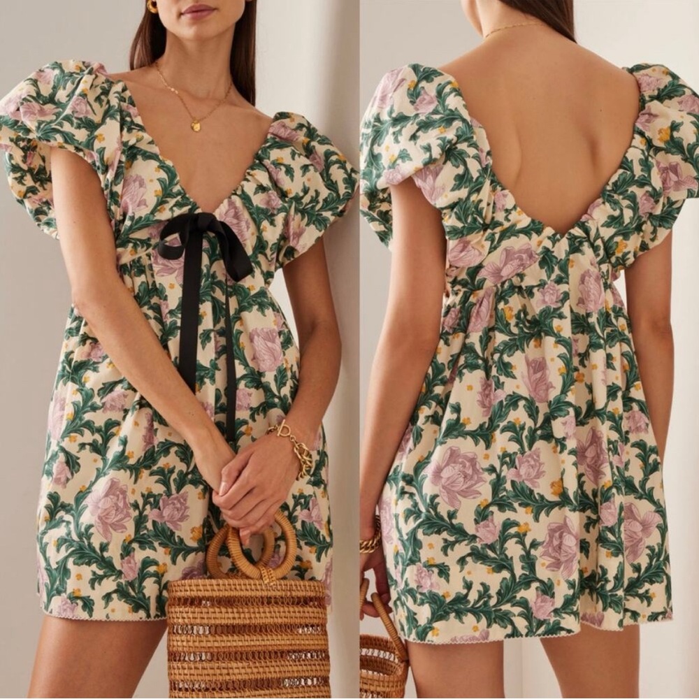 NWT Agua By Agua Bendita Horizonte Peonia Aurora Puff Sleeve Babydoll Dress New